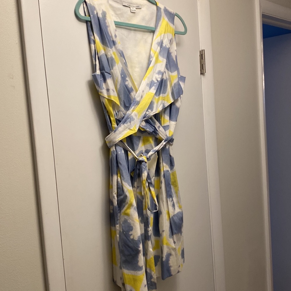 DVF size 12 mini wrap dress. Worn once. Blue and yellow abstract pattern